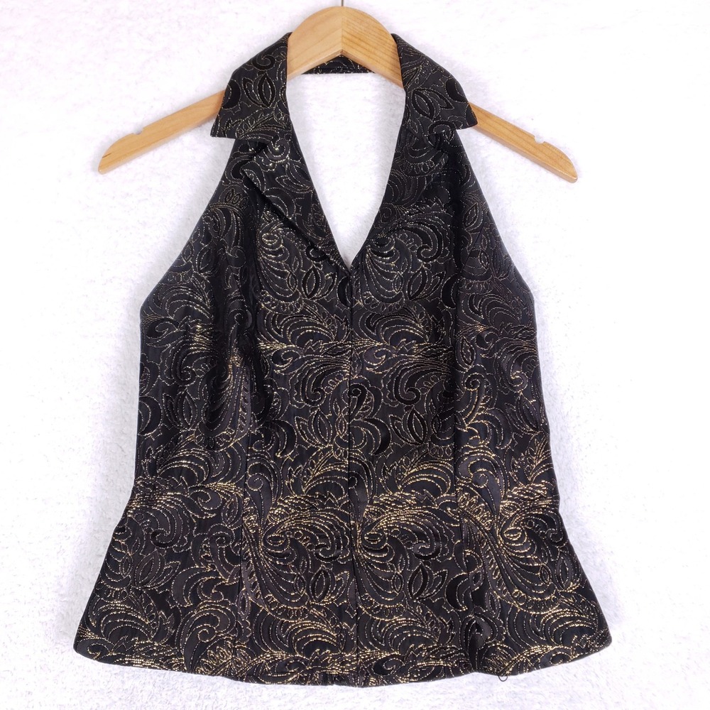 Maggy London Black Gold Metallic Jacquard Halter Top V-Neck Party Blouse Size 10